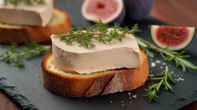 Delicious Foie Gras Appetizer with Figs and Herbs on Toast, Gourmet Cuisine.