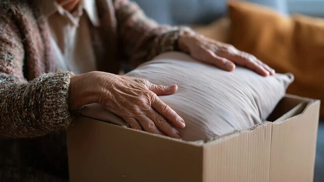 Elderly Hands Gently Placing Pillow in Cardboard Box