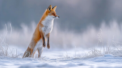 Alert Red Fox Standing Upright in Winter Landscape with Frosted Grass and Soft Background