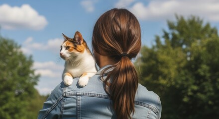 Woman Holding Calico Cat on Shoulder. Back View of Person with Cat Against Blue Sky. Serene Outdoor Pet Bonding Moment.