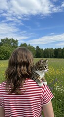 Woman in Field Holding Cat on Shoulder. Red Striped Shirt and Calico Cat in Meadow. Peaceful Countryside Scene with Pet.