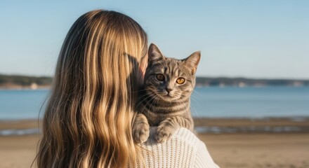 Woman with Cat on Shoulder at Beach. Blonde Holding Gray Tabby Overlooking Water. Serene Coastal Scene with Pet.