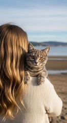 Woman with Cat on Shoulder at Beach. Blonde Holding Gray Tabby Overlooking Water. Serene Coastal Scene with Pet.