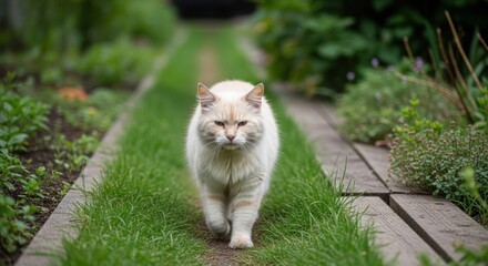 Fluffy cream cat walking on a serene garden path amidst green foliage. Candid outdoor photo of a cat in a relaxed, rustic natural setting. Light-colored cat strolling through a tranquil garden 