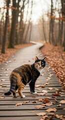 Tortoiseshell cat on a wooden pathway in a peaceful autumn forest scene. Cat in woodland setting walking on a leaf-covered plank path. Serene forest photograph with a tortoiseshell cat as the focal