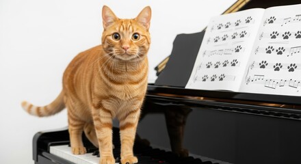 Ginger tabby cat standing on a black grand piano with paw print sheet music. Playful cat interacting with a piano keys and whimsical music. Domestic scene of a curious orange cat on a grand piano.