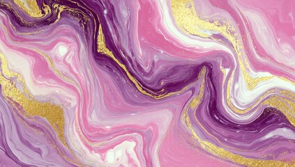 Fototapeta premium Abstract fluid art background features swirling shades of pink and purple with gold accents, creating an elegant, dynamic texture