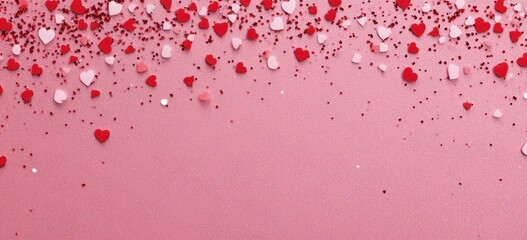 abstract pink background with a red and white confetti hearts border frame for valentine's day pink heart particles in motion, flat lay, wide banner for design with copy space Generative AI