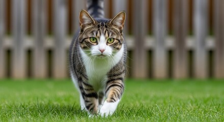 Tabby Cat Walking Across Grassy Area. Brown and White Cat Near Wooden Fence. Feline in Motion on Green Lawn.