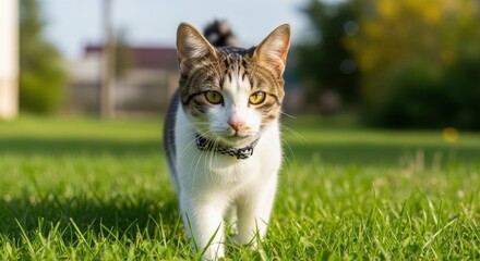 Cat with Checkered Collar in Garden Grass. Tabby and White Cat Walking Outdoors. Yellow-Eyed Feline in Backyard Setting.