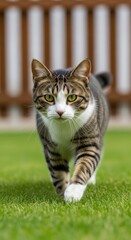 Tabby Cat Walking Across Grassy Area. Brown and White Cat Near Wooden Fence. Feline in Motion on Green Lawn.