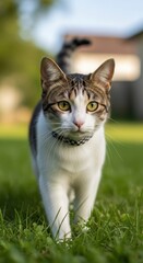 Cat with Checkered Collar in Garden Grass. Tabby and White Cat Walking Outdoors. Yellow-Eyed Feline in Backyard Setting.