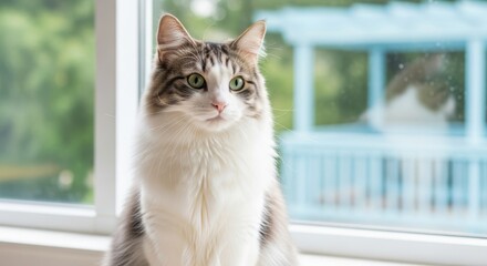 Fluffy Tabby Cat by Sunlit Window. High-Key Photograph of Serene Feline. Long-haired Cat in Bright Airy Interior.