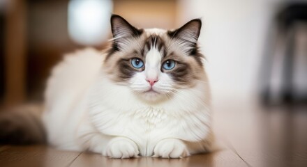 Ragdoll Cat Lying on Wooden Floor. Blue-Eyed Fluffy Cat with Brown Markings. Close-up of Relaxed Ragdoll Indoors.