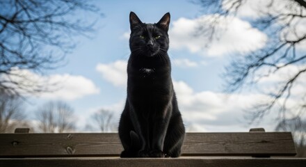 Black Cat Sitting on Wooden Bench. Feline Portrait Against Blue Sky. Cat on Bench in Winter or Spring Setting.