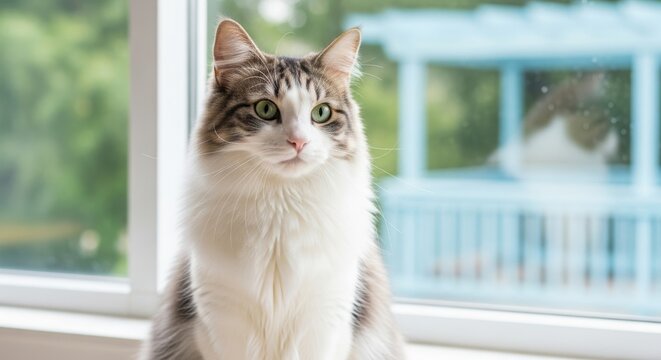 Fluffy Tabby Cat by Sunlit Window. High-Key Photograph of Serene Feline. Long-haired Cat in Bright Airy Interior. - Powered by Adobe