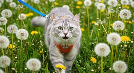 Fluffy silver-gray cat walking in dandelion field. Green-eyed cat in orange harness on blue leash amidst white dandelions. Curious feline exploring lush green field with blooming flowers.