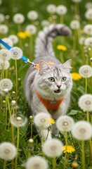 Fluffy silver-gray cat walking in dandelion field. Green-eyed cat in orange harness on blue leash amidst white dandelions. Curious feline exploring lush green field with blooming flowers.