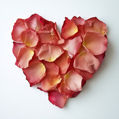 Heart shape made from scattered red and pink rose petals on white background, symbolizing love and romance with soft natural textures and warm colors