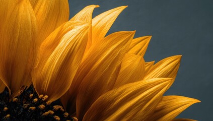 Close-up of a sunflower's vibrant petals, radiating sunlight against a cool, muted background. Offers a textural and contrasting aesthetic