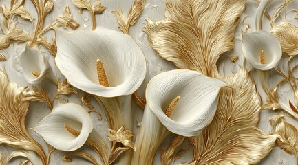 Close-up of elegant floral arrangement with white calla lilies and golden leaves on a textured background