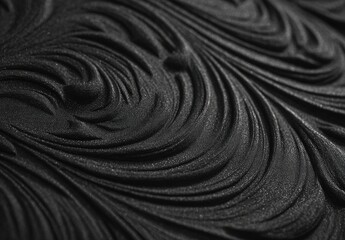 Close-up of intricate, swirling, textured, three-dimensional, dark grayscale surface with subtle highlights and shadows