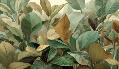 Close-up of lush tropical foliage. Layered leaves of varying greens and browns fill frame against off-white background. Light play