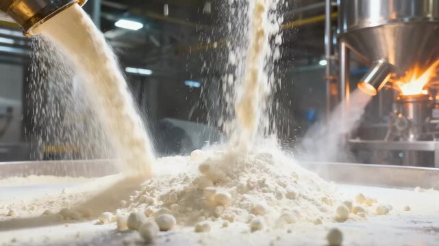 Medium perspective of spray drying process capturing instantized milk powder particles drying swiftly in a hightemperature airflow environment.