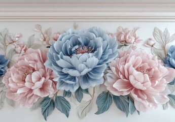 Close-up of pastel-colored peony flowers in relief, arranged on a neutral background with decorative architectural detailing