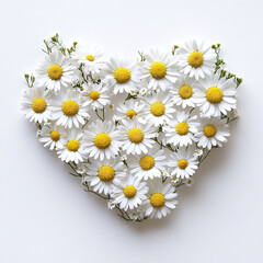 Obraz premium Heart shape made of fresh white daisies with yellow centers and small green leaves arranged on white background, creating charming and delicate floral design