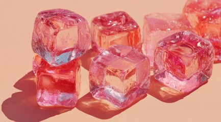 Close-up of several translucent, colorful cubes arranged on a light orange surface. The cubes cast soft shadows