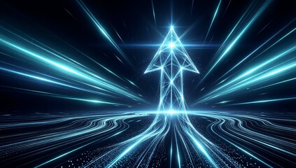 Blue digital arrow ascends through glowing light trails against dark cosmic background.