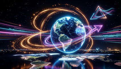 Digital globe surrounded by glowing orbits, data streams, and futuristic city lights.