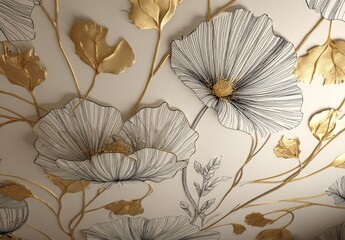 Close-up of wall decor featuring large, stylized floral elements. Two prominent open flowers and gold-leaf details