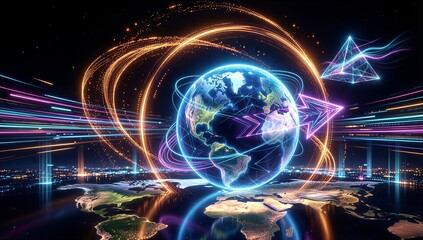 Digital globe surrounded by glowing orbits, data streams, and futuristic city lights.