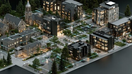 Connected smart city infrastructure urban planning innovative technology glowing network lines