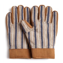 Close-up of work gloves, with tan leather and blue striped canvas. Protective gear for various outdoor projects, against abrasion