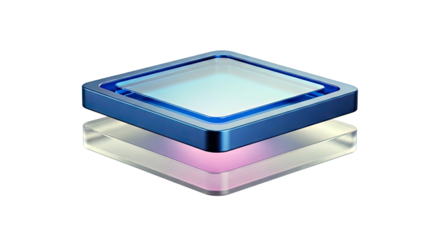 Abstract layered geometric shapes with metallic and glass textures - Powered by Adobe