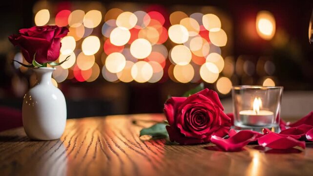 A beautifully composed and intimate scene featuring rich red roses and a warm, flickering candle, set against a backdrop of soft, blurred bokeh lights. An elegant red rose stands in a simple white vas