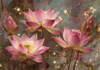 Close-up view depicts several pink lotus flowers with shimmering golden accents against a backdrop of green and teal foliage