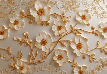 Close-up view of delicate, golden-toned floral artwork, featuring blooming blossoms and intricate, decorative details