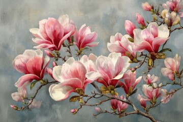 Close-up view of delicate pink and white magnolia blossoms and buds on branches against a cloudy, painterly sky