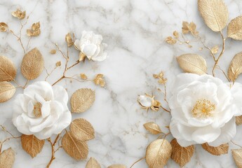 Close-up view of elegant white roses and gold leaves against a white and grey marble backdrop, showcasing luxurious aesthetic