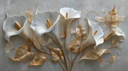 Close-up view of delicate, white calla lilies and golden leaves artfully arranged on a soft, textured gray background