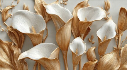 Close-up view of elegant calla lilies with gold-colored petals, arranged against a neutral grey background. The image has a textured, artistic appearance