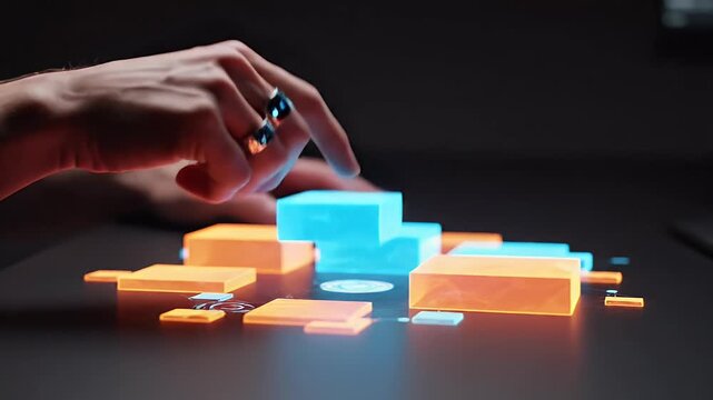 Hands interacting with Glowing Orange and Blue Hologram Blocks representing Spatial Computing