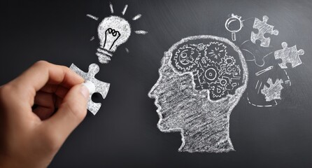 Conceptual image depicting a hand placing a puzzle piece near a human head sketch, with gears inside, a lightbulb above