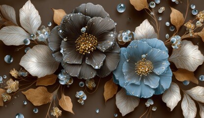 Digital floral arrangement featuring two large, stylized blooms. Accompanying leaves and tiny spheres create a harmonious and elegant design
