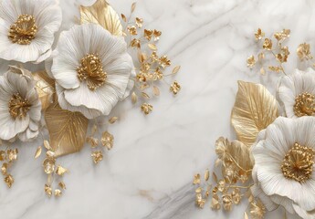 Elegant floral arrangement on a marble background. White flowers with golden accents and leaves create a luxurious and sophisticated design