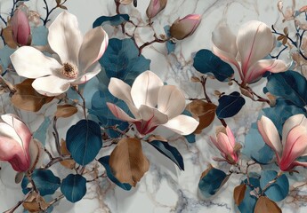 Floral composition featuring large white blossoms with pink accents and teal foliage over a marble-like background